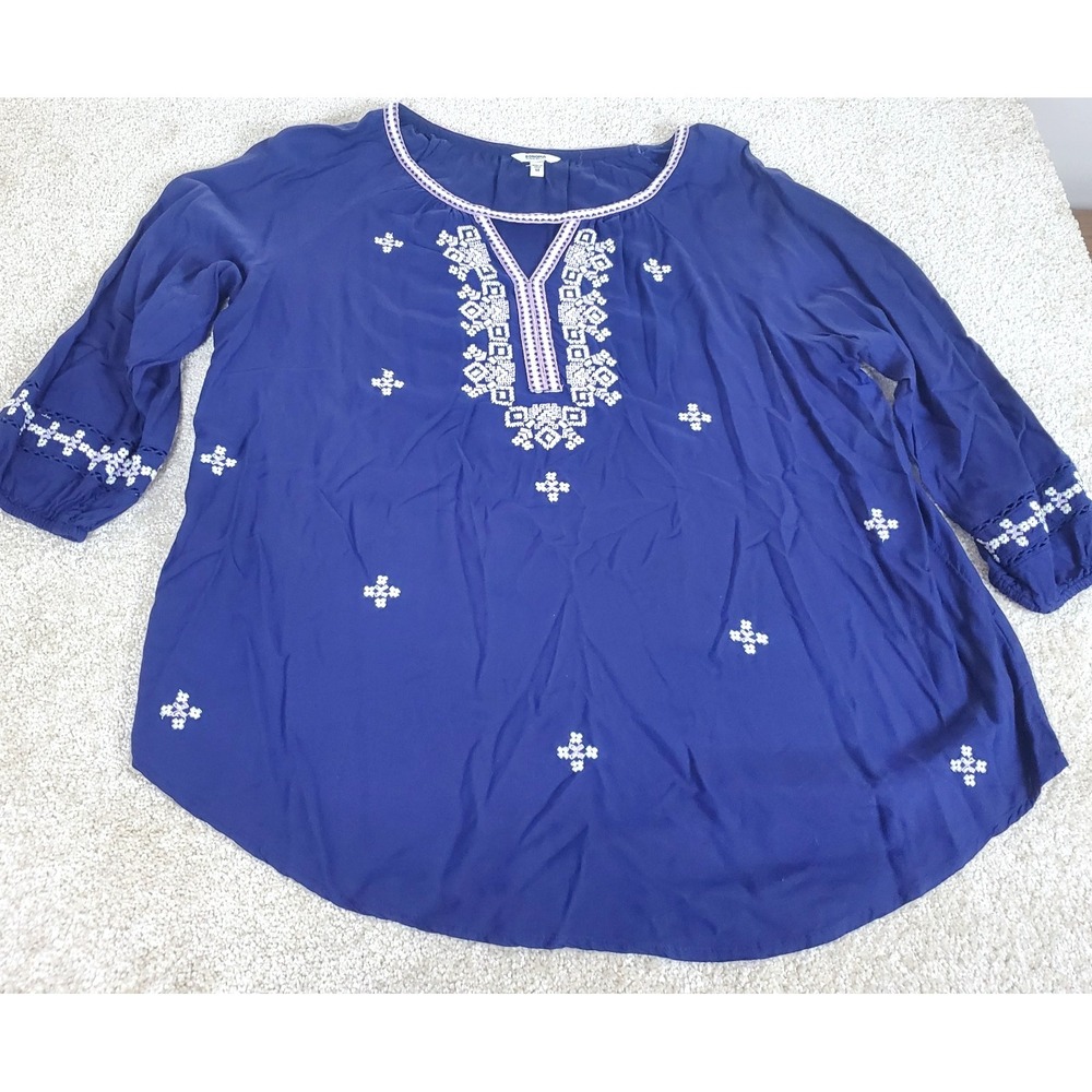Sonoma Women's Embroidered Top Size M Blue‎ White Crochet Bohemian